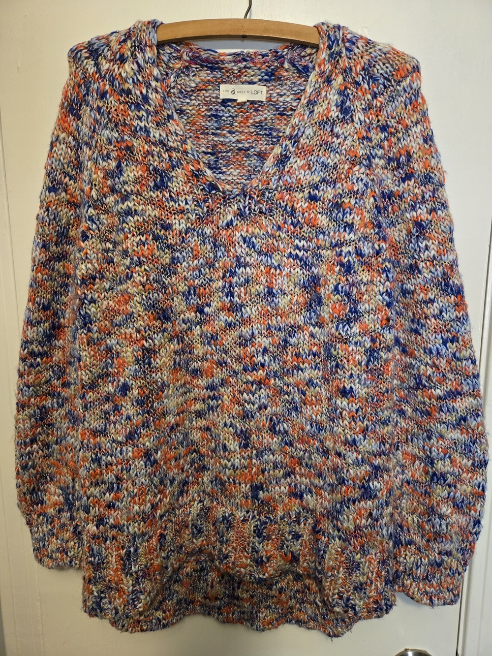 LOFT Marled V-Neck Sweater in Blue, Orange & White